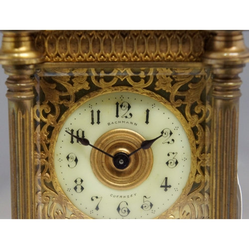 50 - Victorian travelling gilt brass five glass carriage clock with case, the dial inscribed Bachmann Gue... 