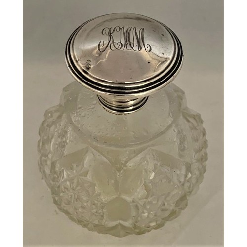 48 - A glass and silver top scent bottle, Birmingham 1922, the sphere shaped glass with hobnail cut decor... 