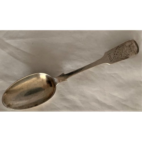 64 - Royal Guernsey Militia silver teaspoon London 1904, engraved with crest and dated 1905, no name, tog... 