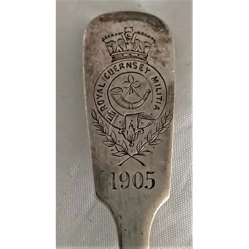 64 - Royal Guernsey Militia silver teaspoon London 1904, engraved with crest and dated 1905, no name, tog... 