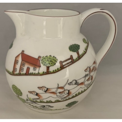 107 - Crown Staffordshire hunting scene jug, depicting horses and hounds, 12 cm high.