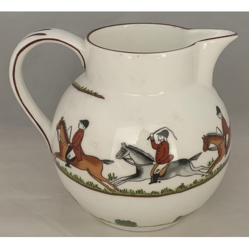 107 - Crown Staffordshire hunting scene jug, depicting horses and hounds, 12 cm high.