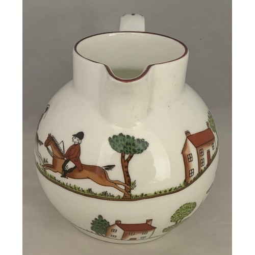 107 - Crown Staffordshire hunting scene jug, depicting horses and hounds, 12 cm high.