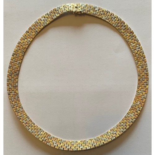 94 - A 9 carat three-colour gold textured brick link necklace, weight 62 grams.