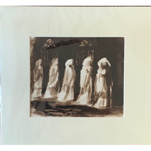 137 - Follower of Victor Hugo, Ghosts in a Gothic interior, watercolour and brown ink, unsigned, 15 x 19 c... 