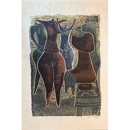 140 - Lucky Sibiya (South African 1942-1999), South African culture, pair abstract woodcuts dated '77,  56... 