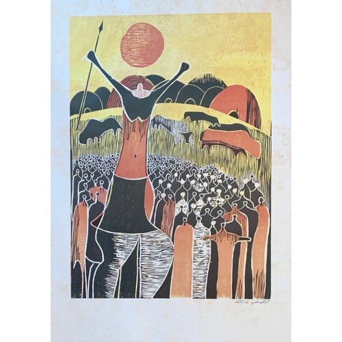 140 - Lucky Sibiya (South African 1942-1999), South African culture, pair abstract woodcuts dated '77,  56... 