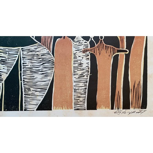 140 - Lucky Sibiya (South African 1942-1999), South African culture, pair abstract woodcuts dated '77,  56... 