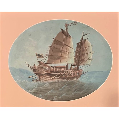 132 - Chinese School (early 20th century), Two masted Junk at sea, oil on paper, 21 x 27 cm oval.