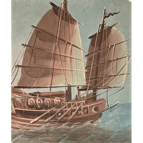 132 - Chinese School (early 20th century), Two masted Junk at sea, oil on paper, 21 x 27 cm oval.