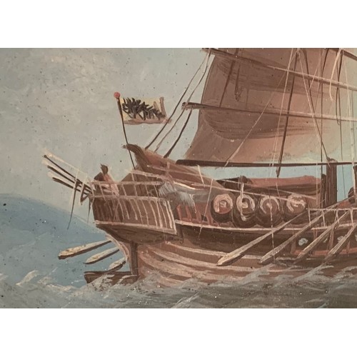 132 - Chinese School (early 20th century), Two masted Junk at sea, oil on paper, 21 x 27 cm oval.