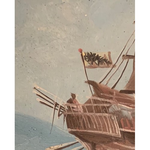 132 - Chinese School (early 20th century), Two masted Junk at sea, oil on paper, 21 x 27 cm oval.