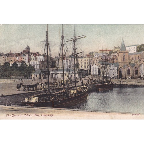 171 - Coloured postcard, Three masted ship moored in Guernsey Harbour circa 1910.