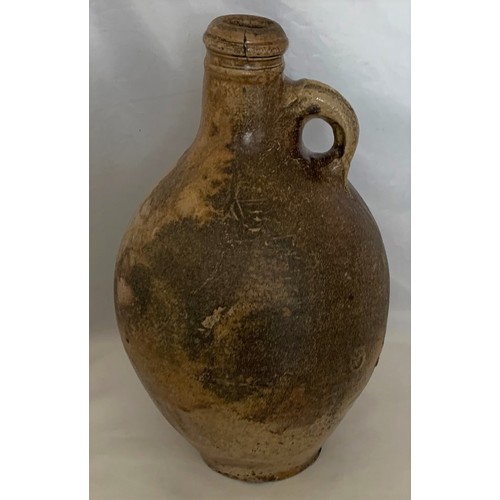1 - Salt glazed wine flagon, European 18th century, retaining some of its original glaze, ring handle, 2... 