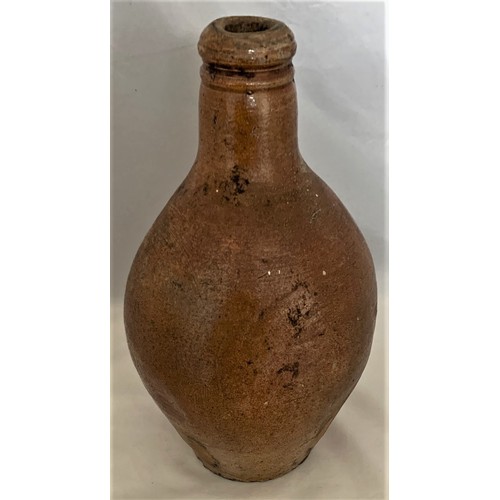 5 - Salt glazed wine flagon, with ring handle, some original glaze covering most of the flagon, 24.5 cm ... 