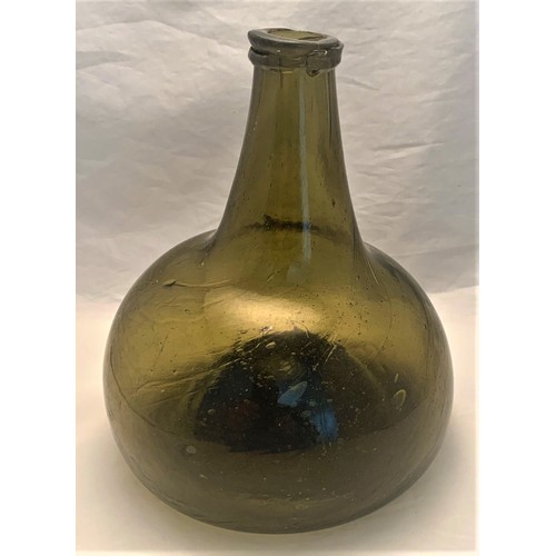 11 - Dutch onion shaped olive green glass wine bottle,  17th century, with string neck ring, short taperi... 