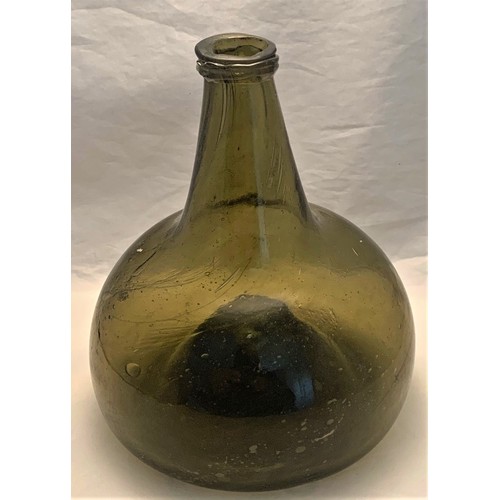 11 - Dutch onion shaped olive green glass wine bottle,  17th century, with string neck ring, short taperi... 