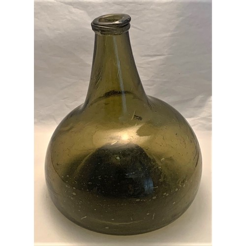 11 - Dutch onion shaped olive green glass wine bottle,  17th century, with string neck ring, short taperi... 