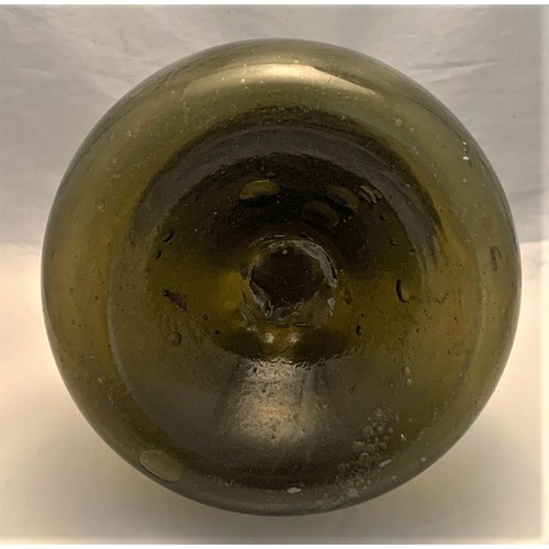 11 - Dutch onion shaped olive green glass wine bottle,  17th century, with string neck ring, short taperi... 
