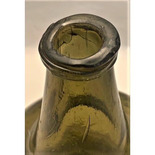 11 - Dutch onion shaped olive green glass wine bottle,  17th century, with string neck ring, short taperi... 
