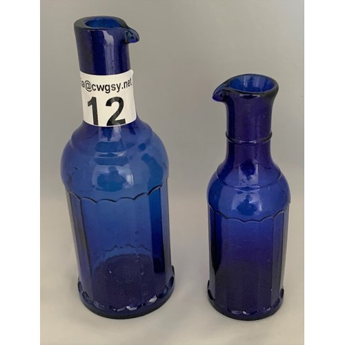 12 - Two blue glass ink bottles with ribbed bases and pouring spouts, 16 cm & 13 cm high (2).
