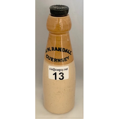 13 - Stoneware two tone bottle, with black transfer, R.W.Randall Guernsey, original internal screw thread... 