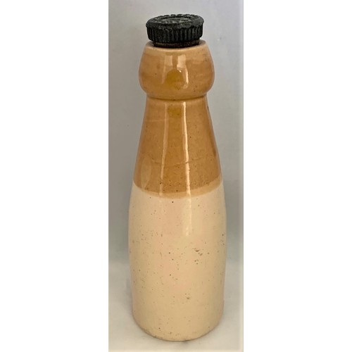 13 - Stoneware two tone bottle, with black transfer, R.W.Randall Guernsey, original internal screw thread... 