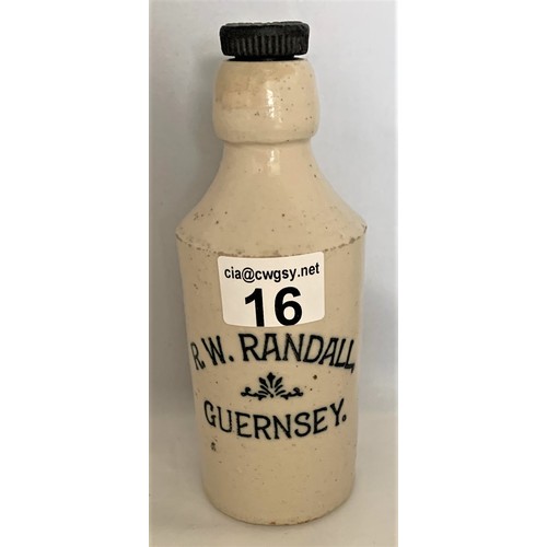 16 - Stoneware bottle, with black transfer, R.W.Randall Guernsey, with original internal thread screw sto... 