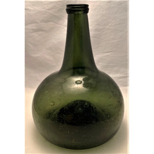 17 - Dutch onion shaped wine bottle, 17th century, dark green with tapering neck, applied string rim, dee... 