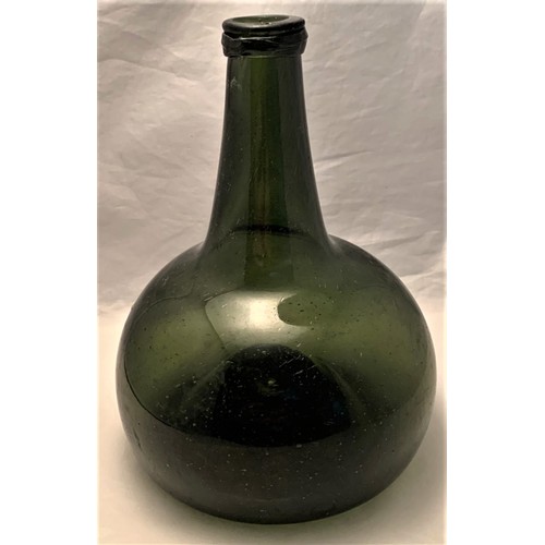 17 - Dutch onion shaped wine bottle, 17th century, dark green with tapering neck, applied string rim, dee... 