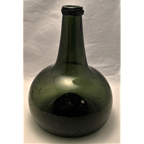 17 - Dutch onion shaped wine bottle, 17th century, dark green with tapering neck, applied string rim, dee... 