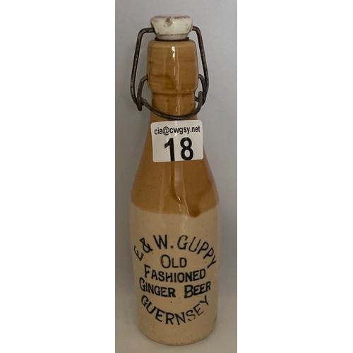 18 - Stoneware two tone bottle, with black transfer, E. & W. Guppy Guernsey Old Fashioned Ginger Beer, wi... 