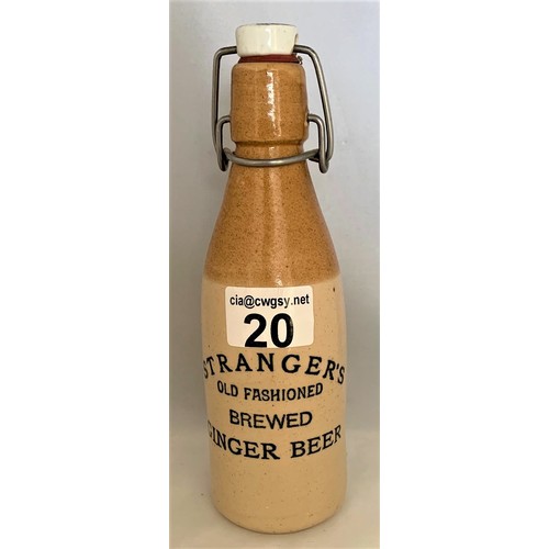 20 - Stoneware two tone bottle, with black transfer, Stranger's Old Fashioned Brewed Ginger Beer, with Ae... 