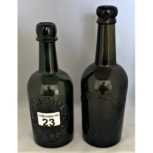 23 - A. Sheppard Guernsey & H.S. Pearsall Guernsey, glass beer bottles, 24 cm & 21 cm high (2).