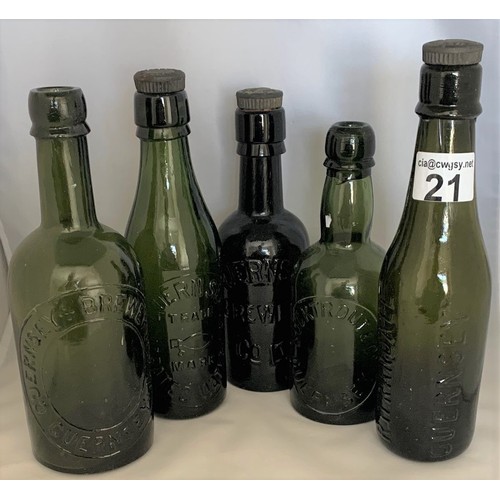 21 - Five coloured glass beer bottles, Guernsey Aerated Water Co. Bucktrout Guernsey, R.H.Randall Guernse... 