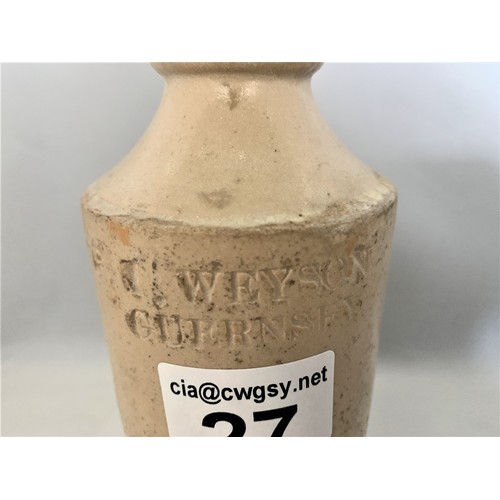 27 - Stoneware bottle, F. I. Weyson Guernsey (sic), the name incised, 17 cm high. * Believed to be, or re... 