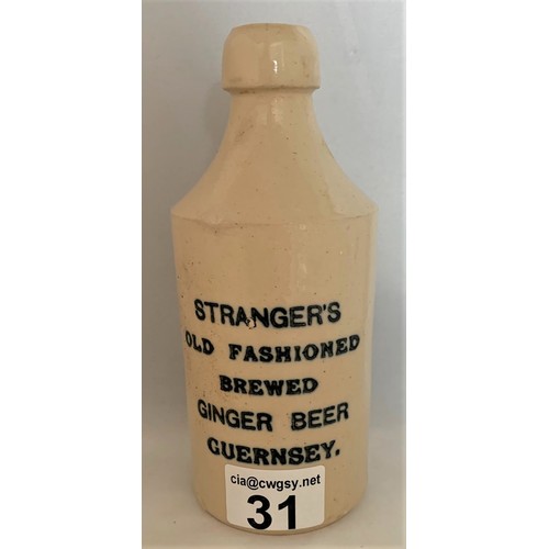 31 - Stoneware bottle, with black transfer, Stranger's Old fashioned Brewed Ginger Beer Guernsey, 18 cm h... 
