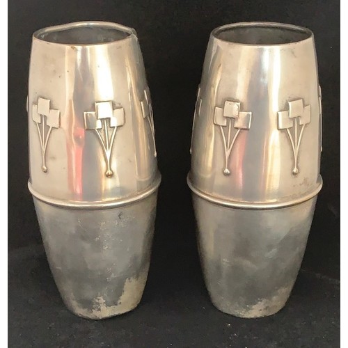 43 - Pair of silver plated Cubist movement vases, the bases stamped British made 29473 18 cm high.