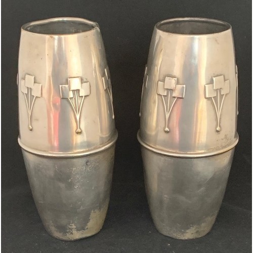 43 - Pair of silver plated Cubist movement vases, the bases stamped British made 29473 18 cm high.