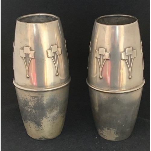 43 - Pair of silver plated Cubist movement vases, the bases stamped British made 29473 18 cm high.