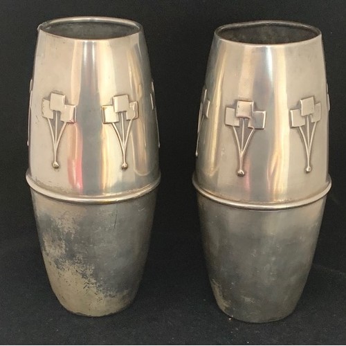 43 - Pair of silver plated Cubist movement vases, the bases stamped British made 29473 18 cm high.
