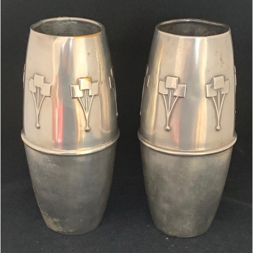 43 - Pair of silver plated Cubist movement vases, the bases stamped British made 29473 18 cm high.