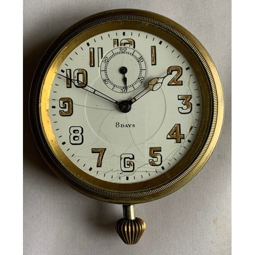 56 - Vintage brass car clock, the 6 cm diameter white enamel dial with luminous Roman Numerals and subsid... 
