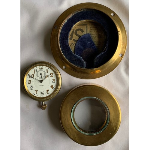 56 - Vintage brass car clock, the 6 cm diameter white enamel dial with luminous Roman Numerals and subsid... 