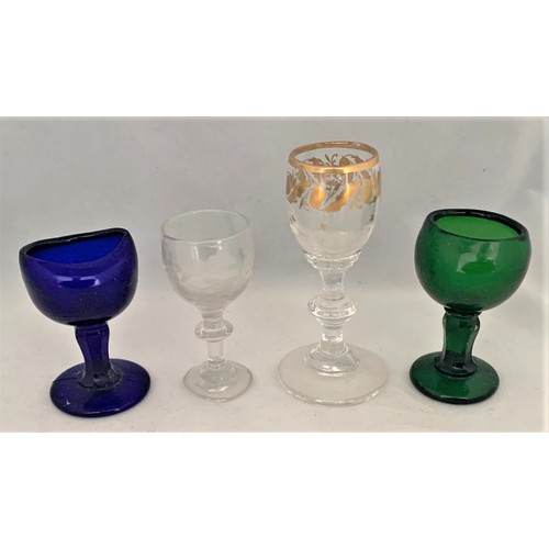 4 - Two coloured glass eye baths, two vintage miniature tot glasses (4).