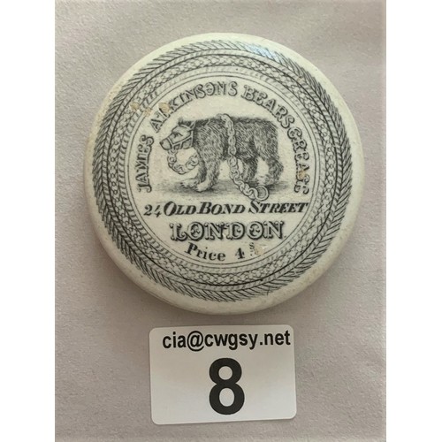 8 - Pot Lid, James Atkinsons Bears Grease, Price 4 shillings, 21 Old Bond Street, 7 cm diam. (Two small ... 