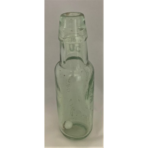 50 - W.J.Robilliard Guernsey, aqua mineral bottle with ceramic bullet stopper intact, 19 cm high.