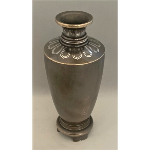 74 - Japanese bronze vase, Meiji period, of slender baluster form, with mixed metal decoration depicting ... 