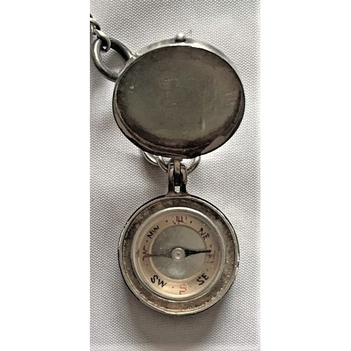 77 - Silver fob chain with small Mariner's compass, brass and guilloche pill box, pair ear rings and Quee... 