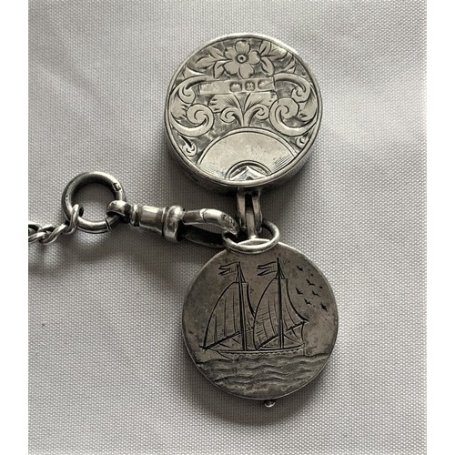 77 - Silver fob chain with small Mariner's compass, brass and guilloche pill box, pair ear rings and Quee... 